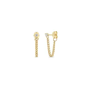 14k Prong Diamond Extra Small Curb Chain Huggie Earrings