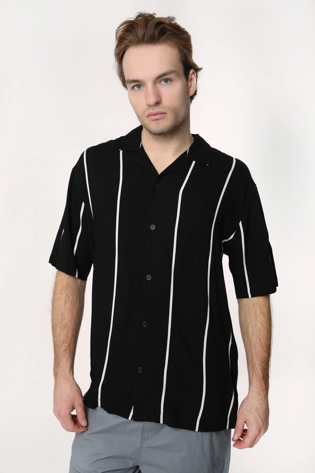 Amnesia Mens Striped Rayon Button-Up