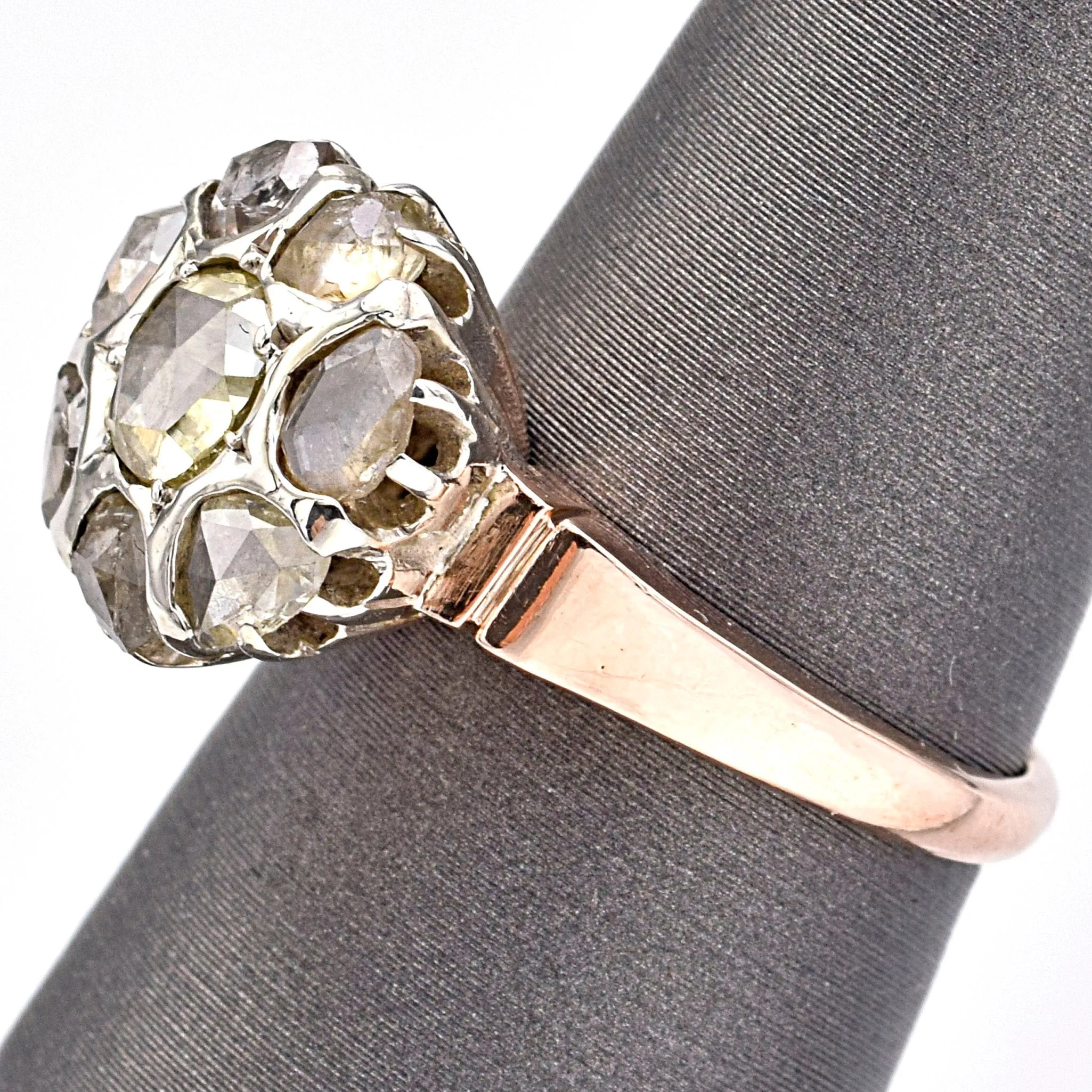 Antique 14K Rose & White Gold Rose Cut Diamond Cluster Ring