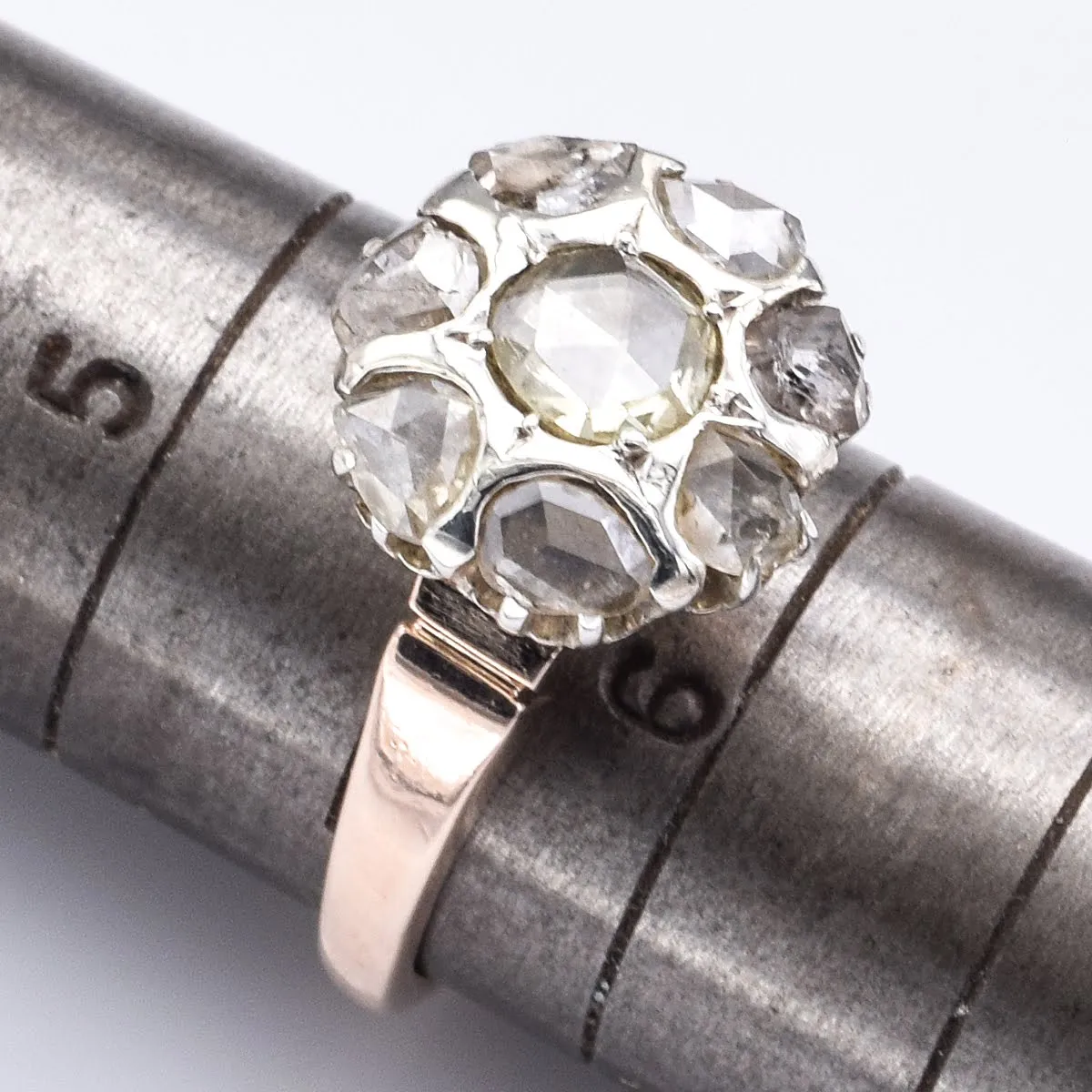 Antique 14K Rose & White Gold Rose Cut Diamond Cluster Ring