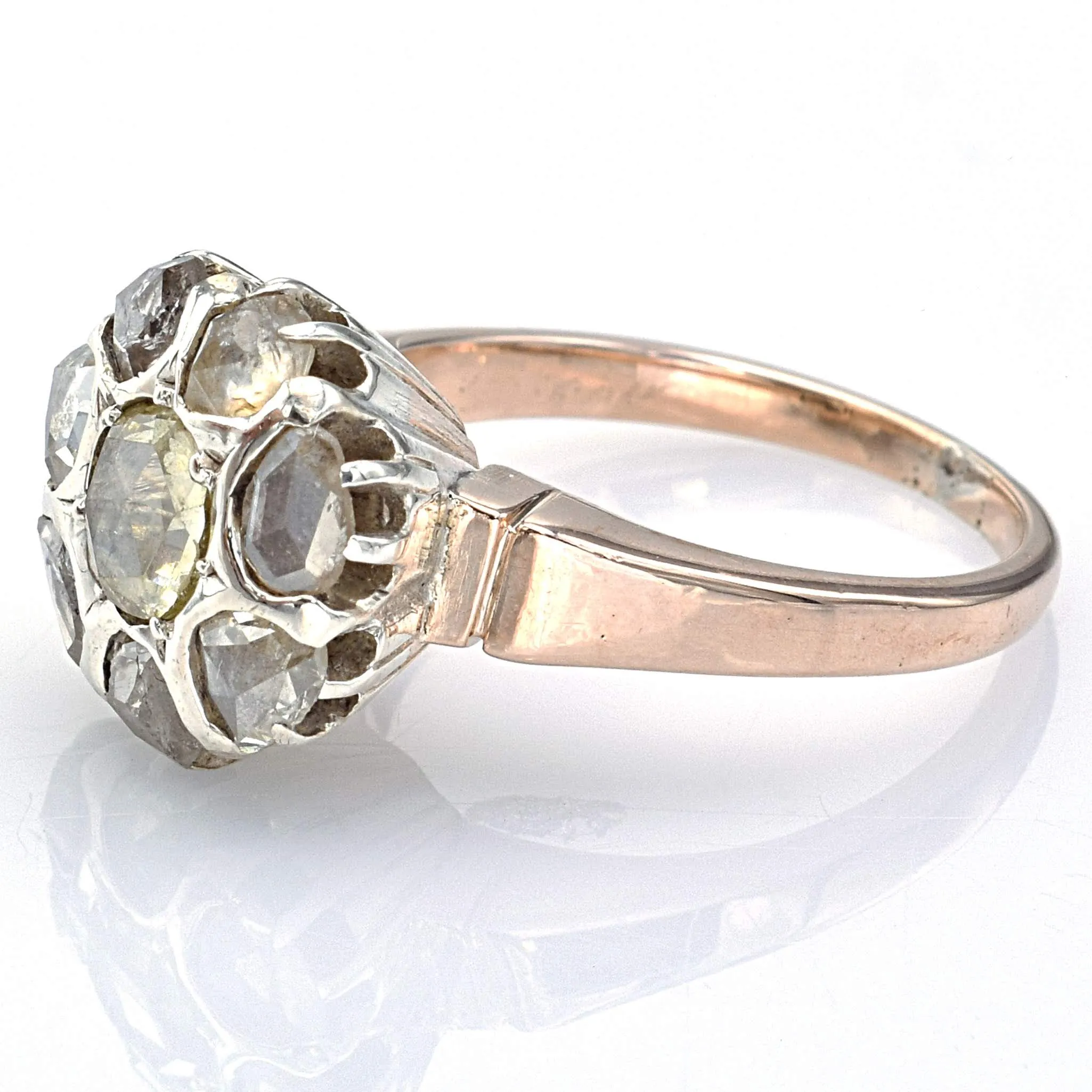 Antique 14K Rose & White Gold Rose Cut Diamond Cluster Ring