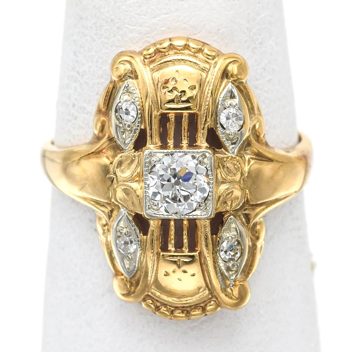 Antique 14K Yellow Gold 0.31 TCW Old Euro Cut Diamond Art Deco Cocktail Ring