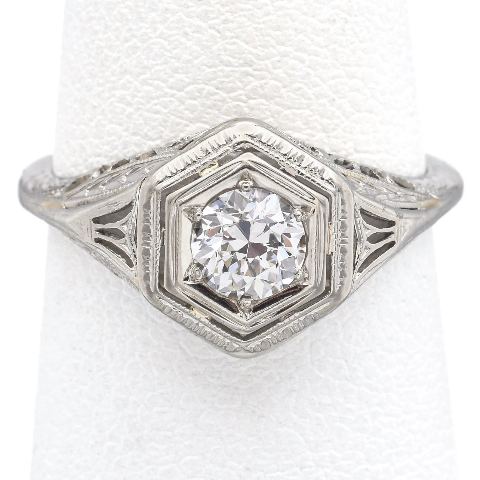 Antique Art Deco 14K White Gold 0.47 Ct Old Euro Diamond Band Ring Size 6