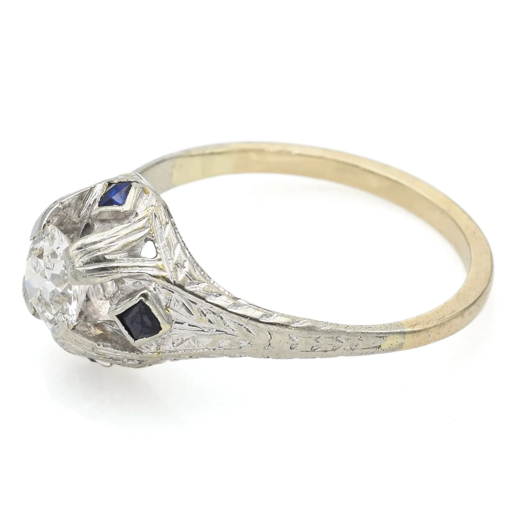 Antique Art Deco 18K White Gold 0.55 Ct Old Euro Diamond & Sapphire Ring   Box