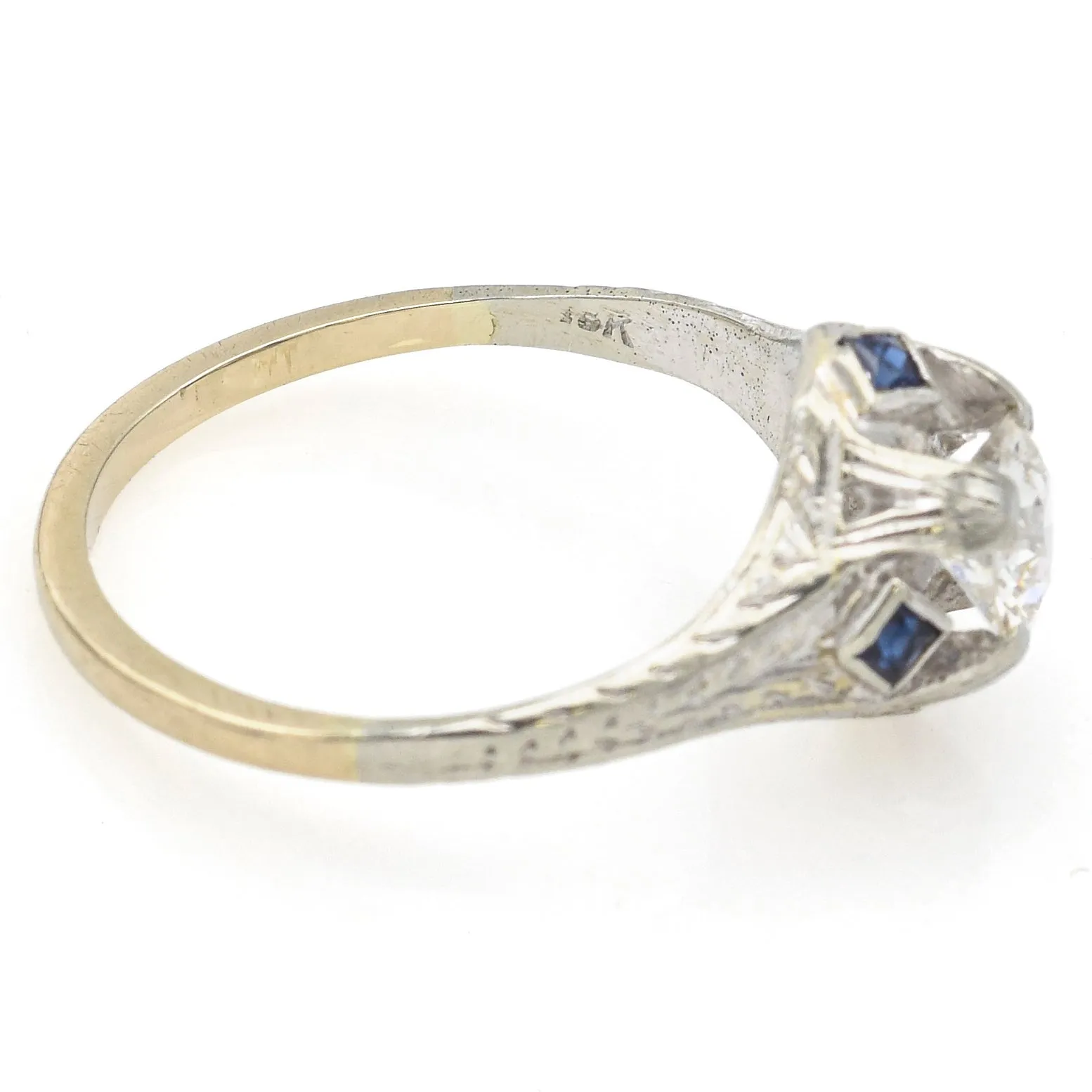 Antique Art Deco 18K White Gold 0.55 Ct Old Euro Diamond & Sapphire Ring   Box