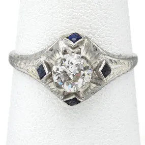 Antique Art Deco 18K White Gold 0.55 Ct Old Euro Diamond & Sapphire Ring   Box