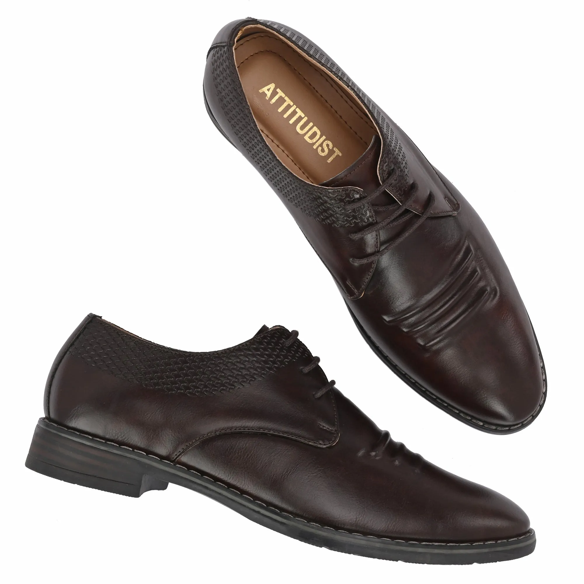 Attitudist Unisex Handcrafted Derby Brown Formal Lace-up Shoes With Round Toe And Textured Vamp