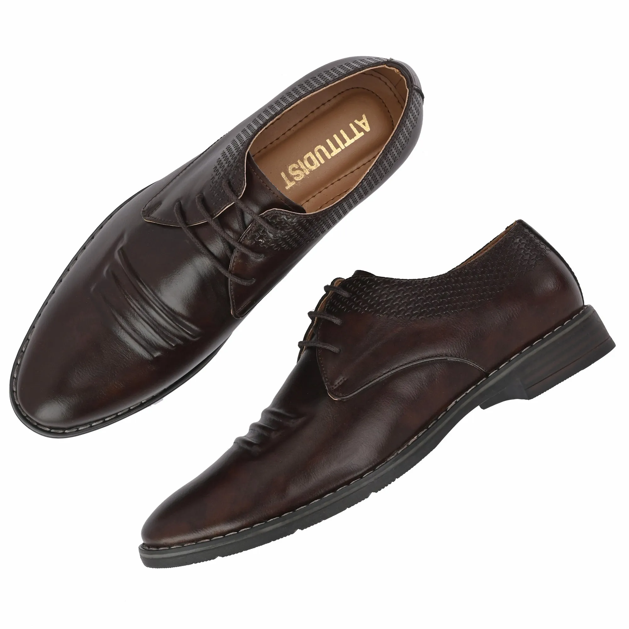 Attitudist Unisex Handcrafted Derby Brown Formal Lace-up Shoes With Round Toe And Textured Vamp