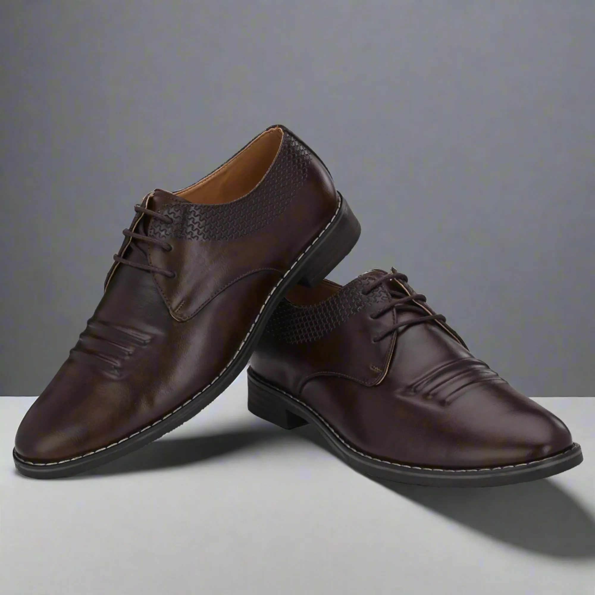 Attitudist Unisex Handcrafted Derby Brown Formal Lace-up Shoes With Round Toe And Textured Vamp