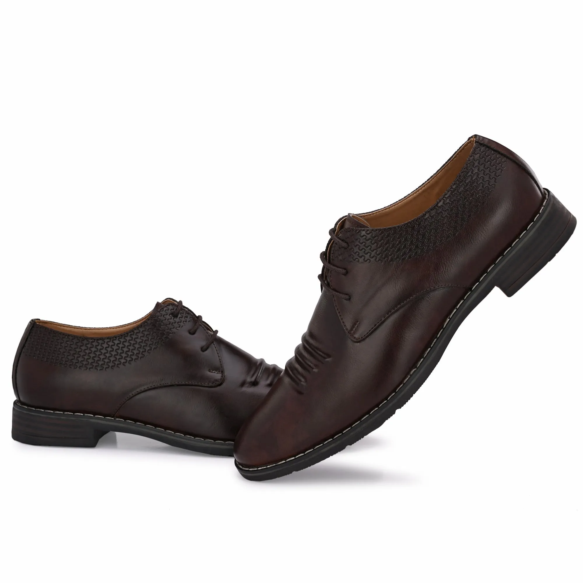 Attitudist Unisex Handcrafted Derby Brown Formal Lace-up Shoes With Round Toe And Textured Vamp