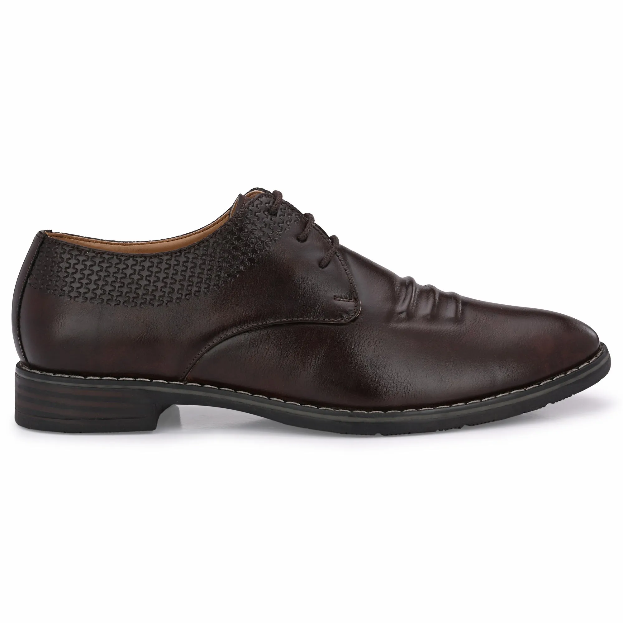 Attitudist Unisex Handcrafted Derby Brown Formal Lace-up Shoes With Round Toe And Textured Vamp