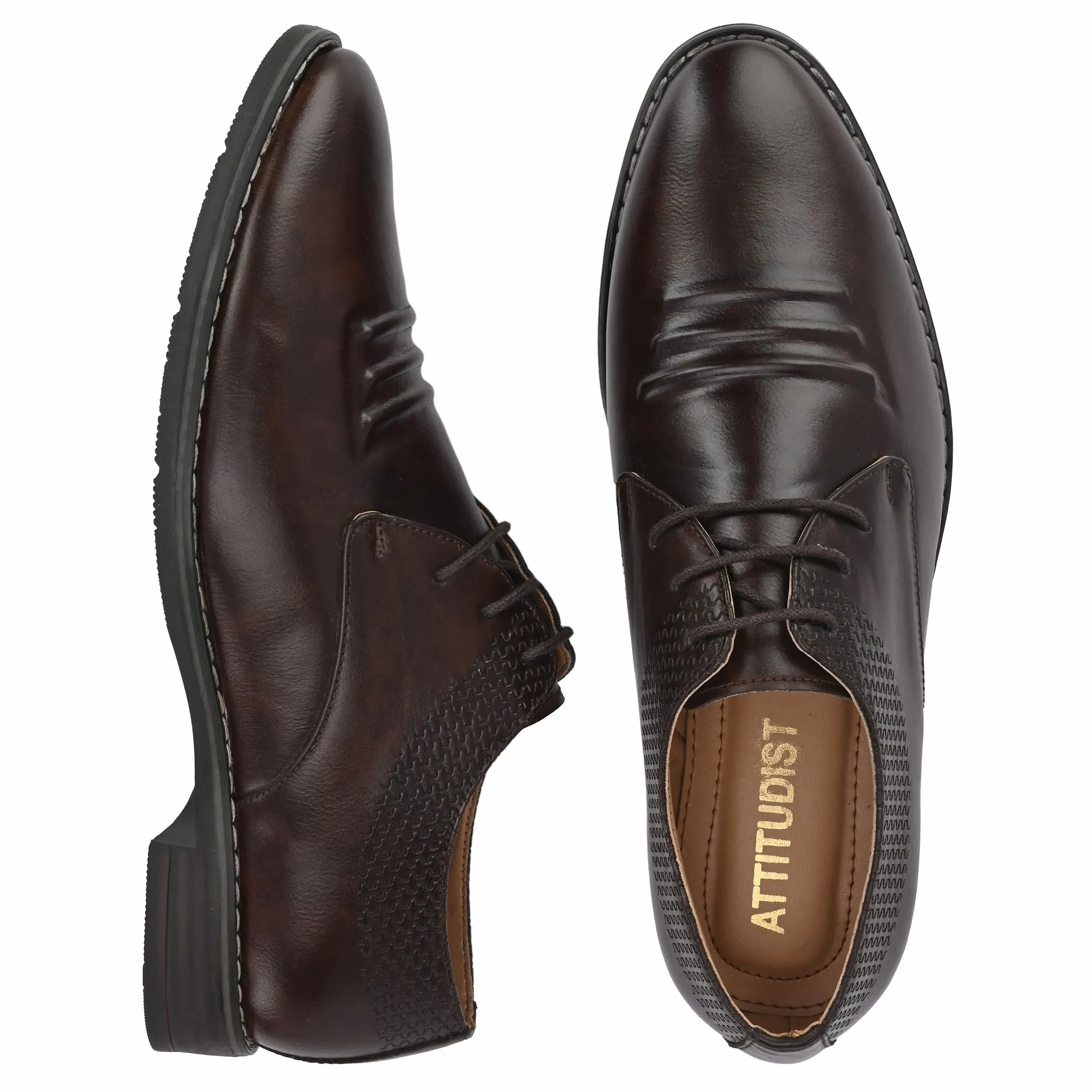 Attitudist Unisex Handcrafted Derby Brown Formal Lace-up Shoes With Round Toe And Textured Vamp