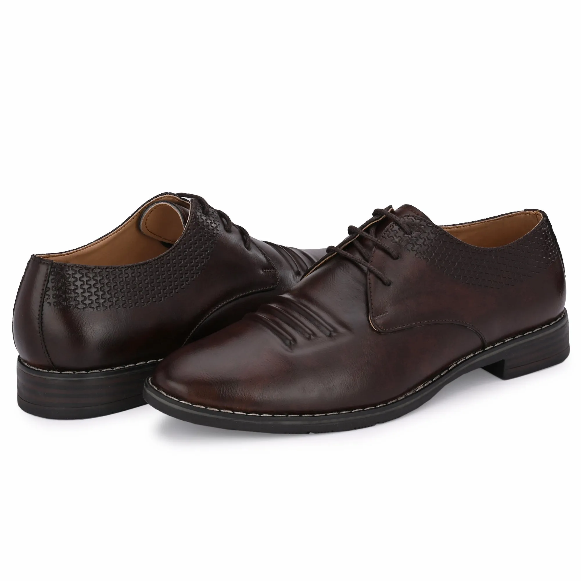 Attitudist Unisex Handcrafted Derby Brown Formal Lace-up Shoes With Round Toe And Textured Vamp