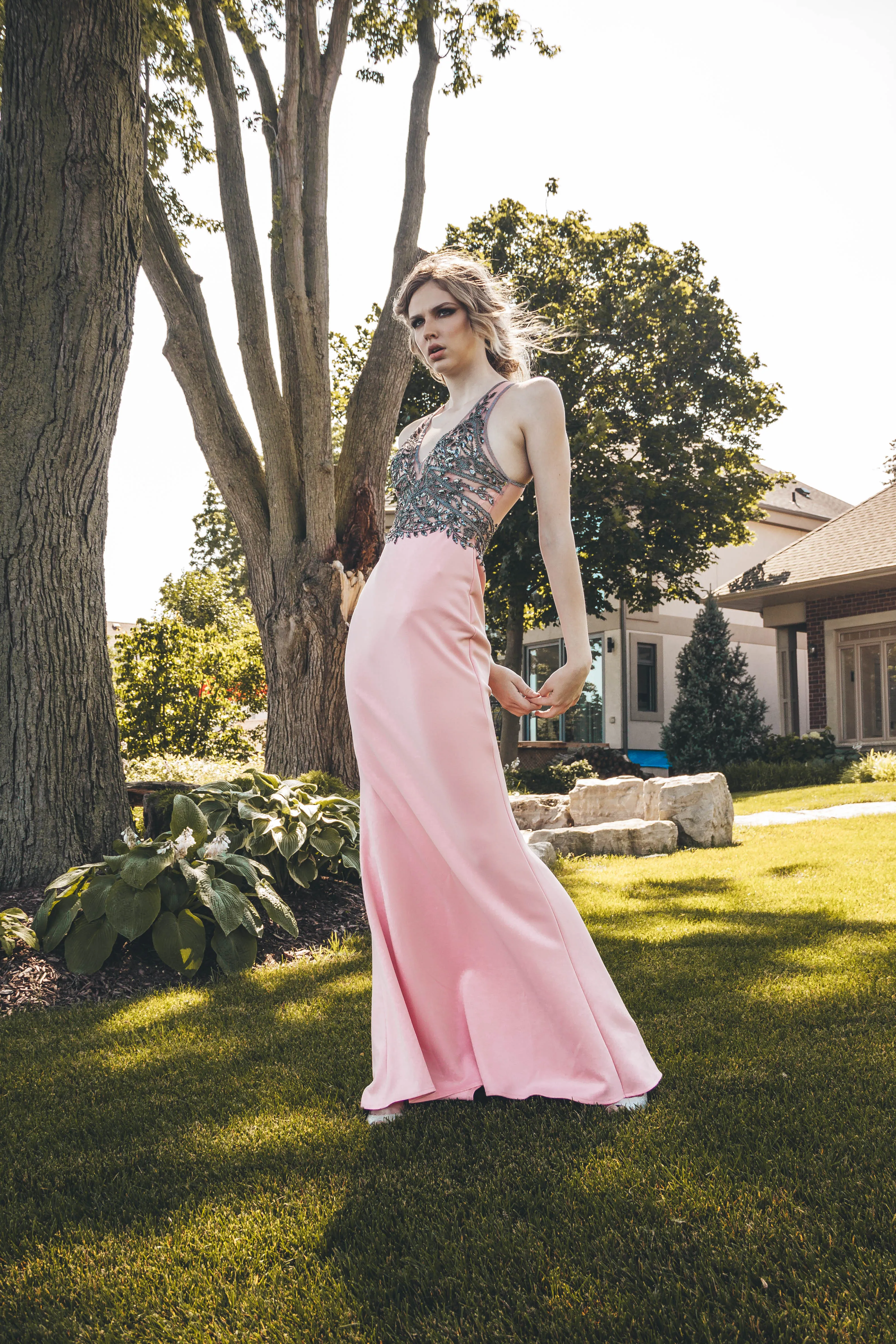 Beaded Front Soft Pink Formal Long Dress