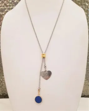 Blue Agate with Joy Affirmation Slider Necklace 2 Tone