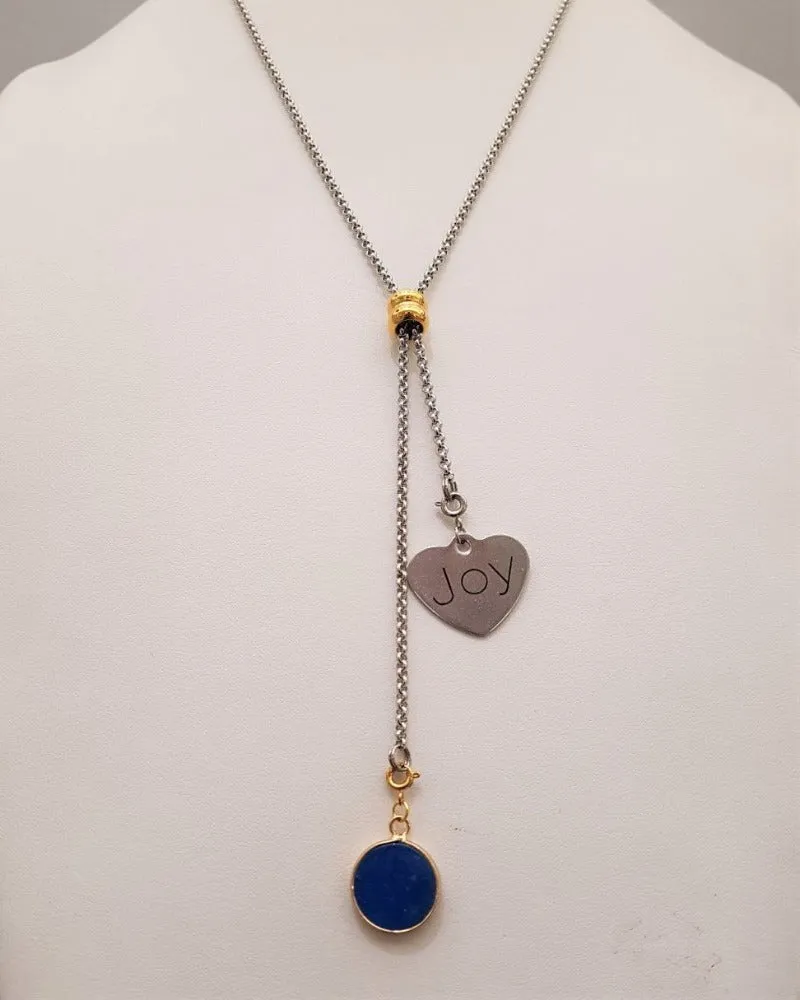 Blue Agate with Joy Affirmation Slider Necklace 2 Tone