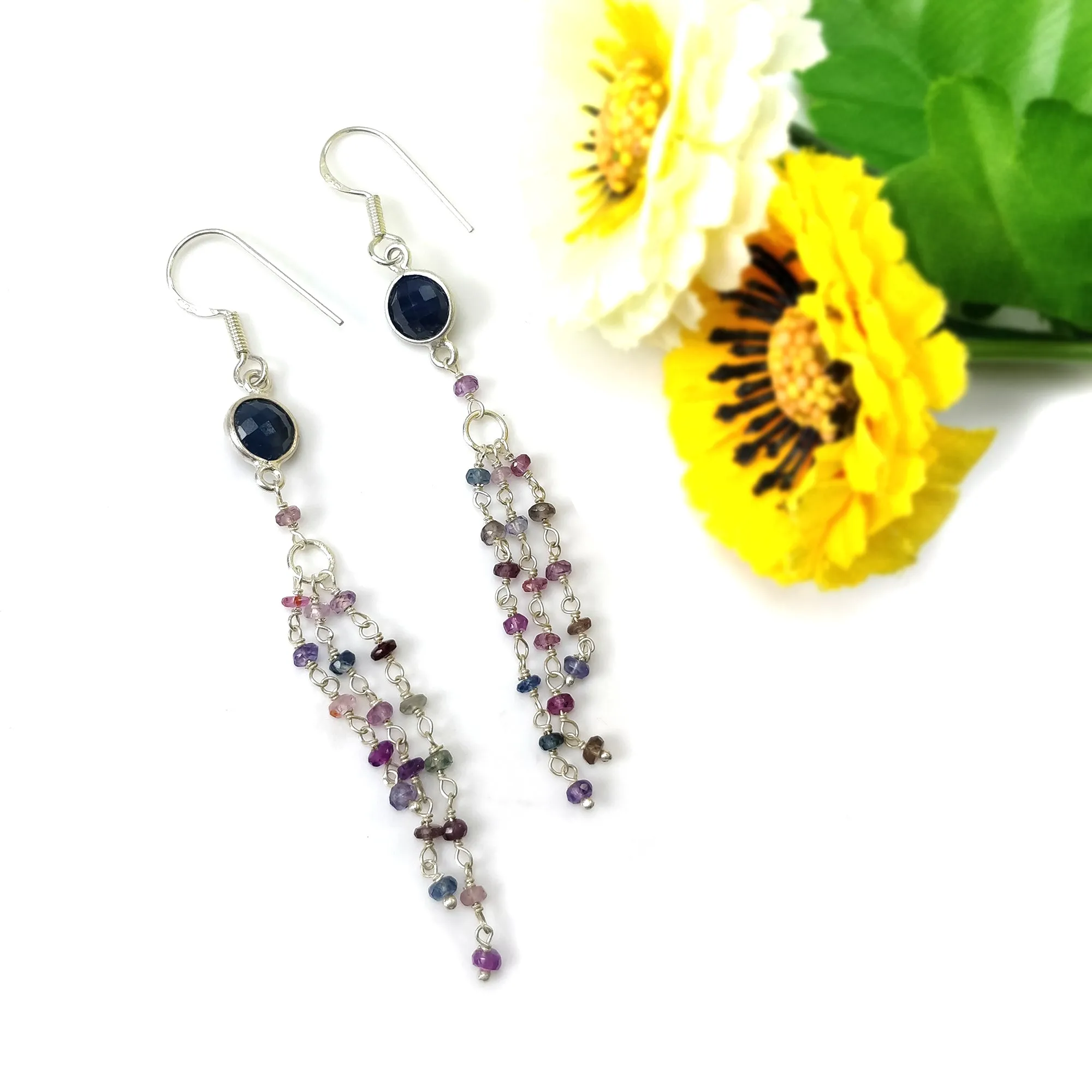 Blue & Multi SAPPHIRE Gemstone 925 Sterling Silver Beaded Earrings : 19.45cts Natural Sapphire Drop Dangle Hook Earring 3.25"