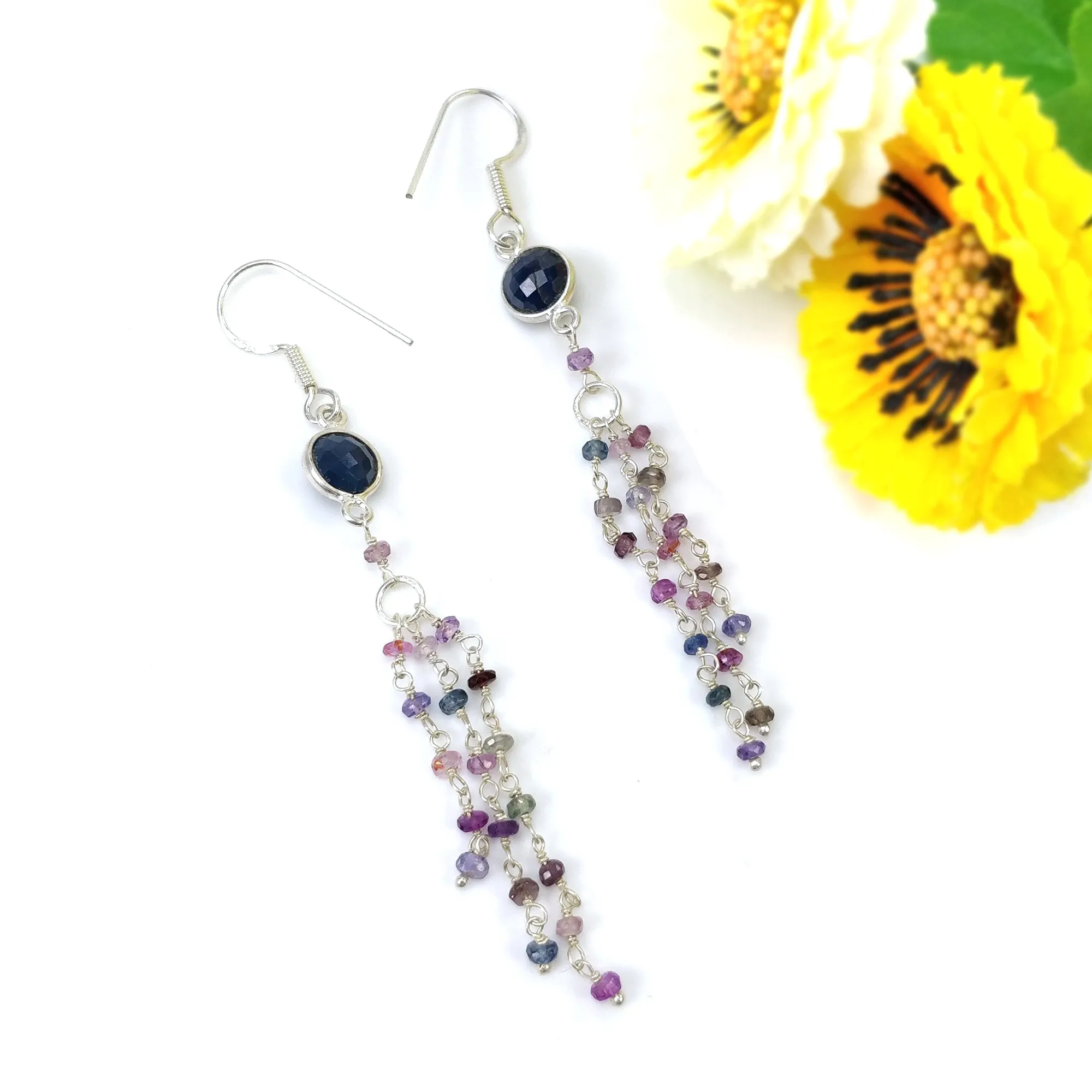 Blue & Multi SAPPHIRE Gemstone 925 Sterling Silver Beaded Earrings : 19.45cts Natural Sapphire Drop Dangle Hook Earring 3.25"