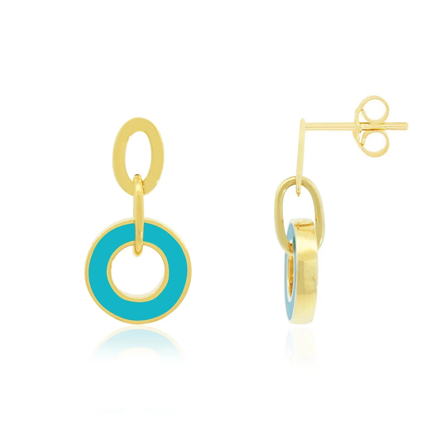 Blue Enamel Round Link Drop Earrings