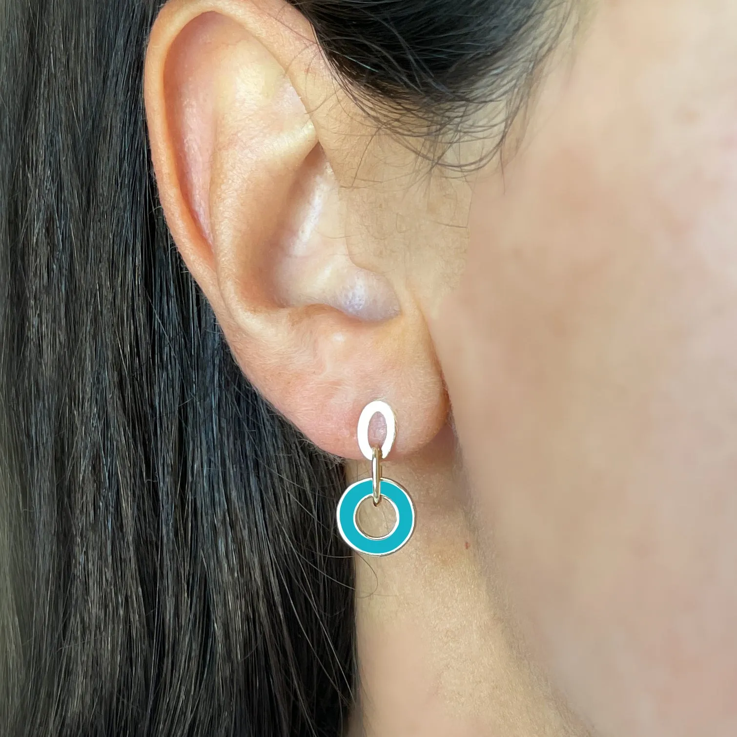 Blue Enamel Round Link Drop Earrings