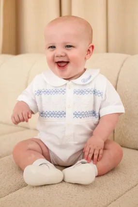 Boys White Smocked Romper Trimmed with Blue