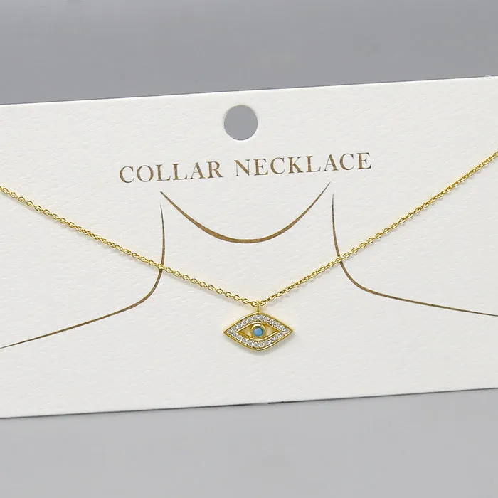 CZ Pave Evil Eye Pendant Gold Dipped Collar Necklace