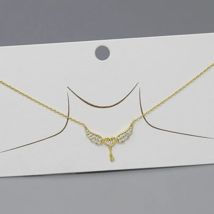 CZ Pave Heart With Wings Pendant Gold Dipped Chain Necklace