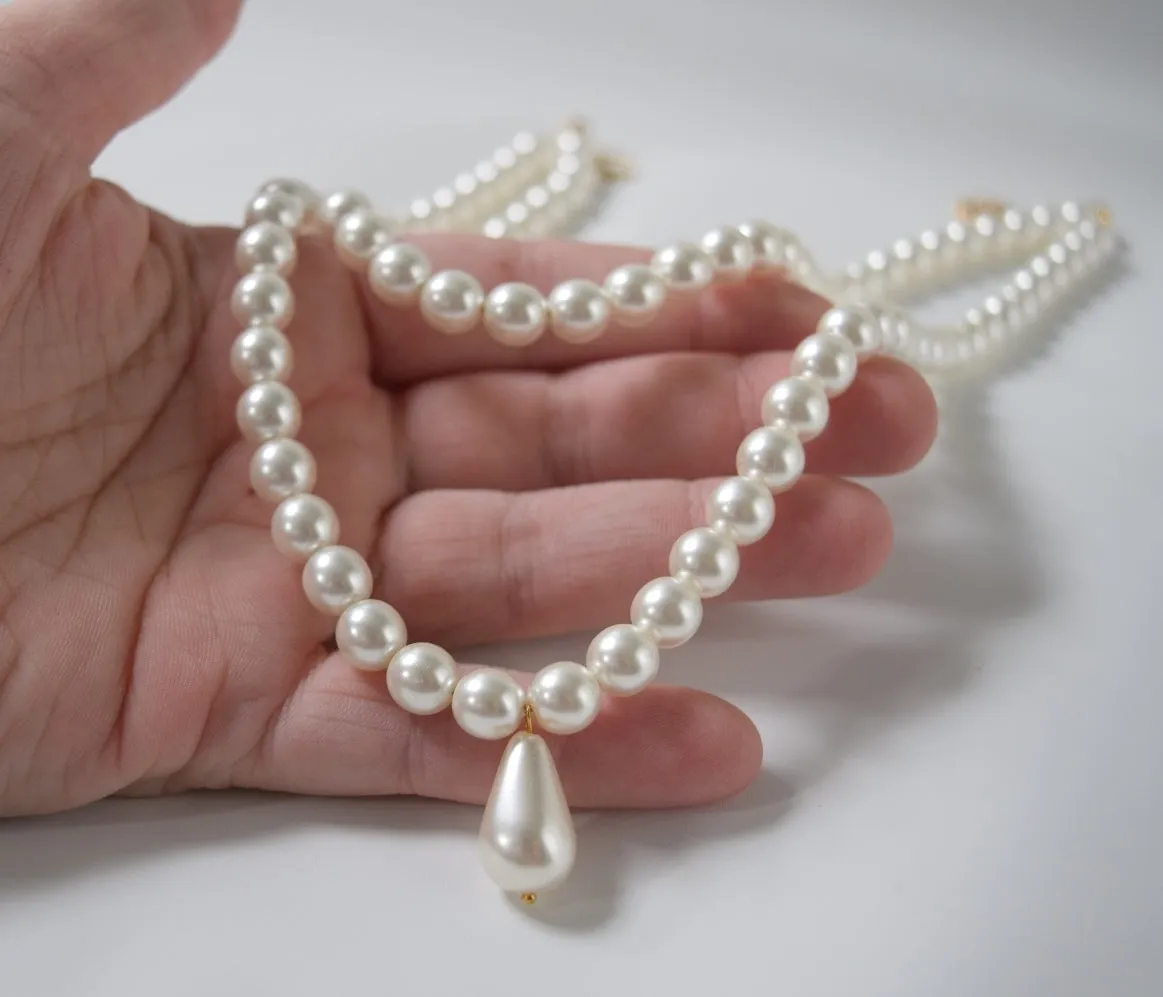 Double Strand Pearl Necklace - Small White with Teardrop