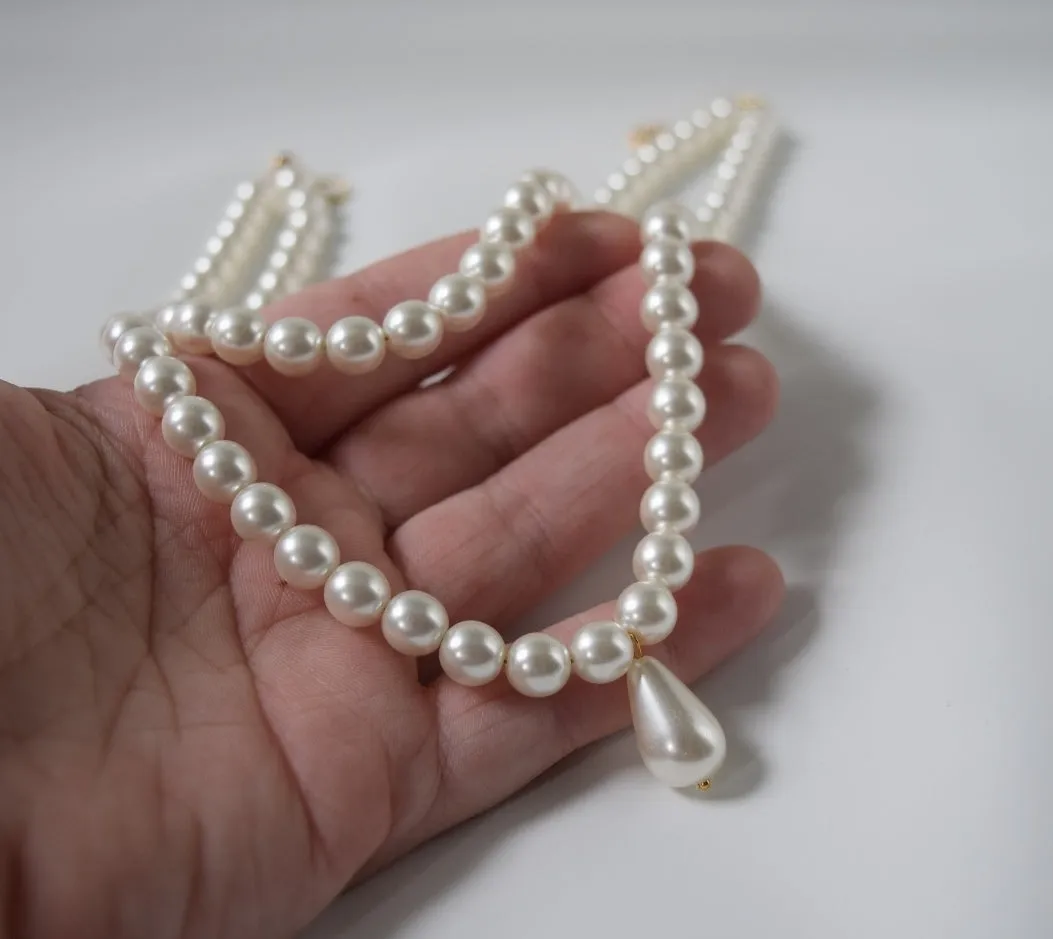 Double Strand Pearl Necklace - Small White with Teardrop