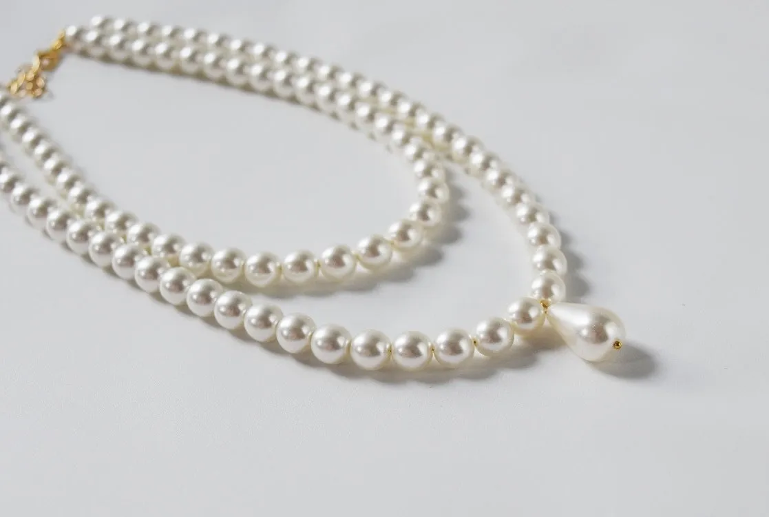 Double Strand Pearl Necklace - Small White with Teardrop