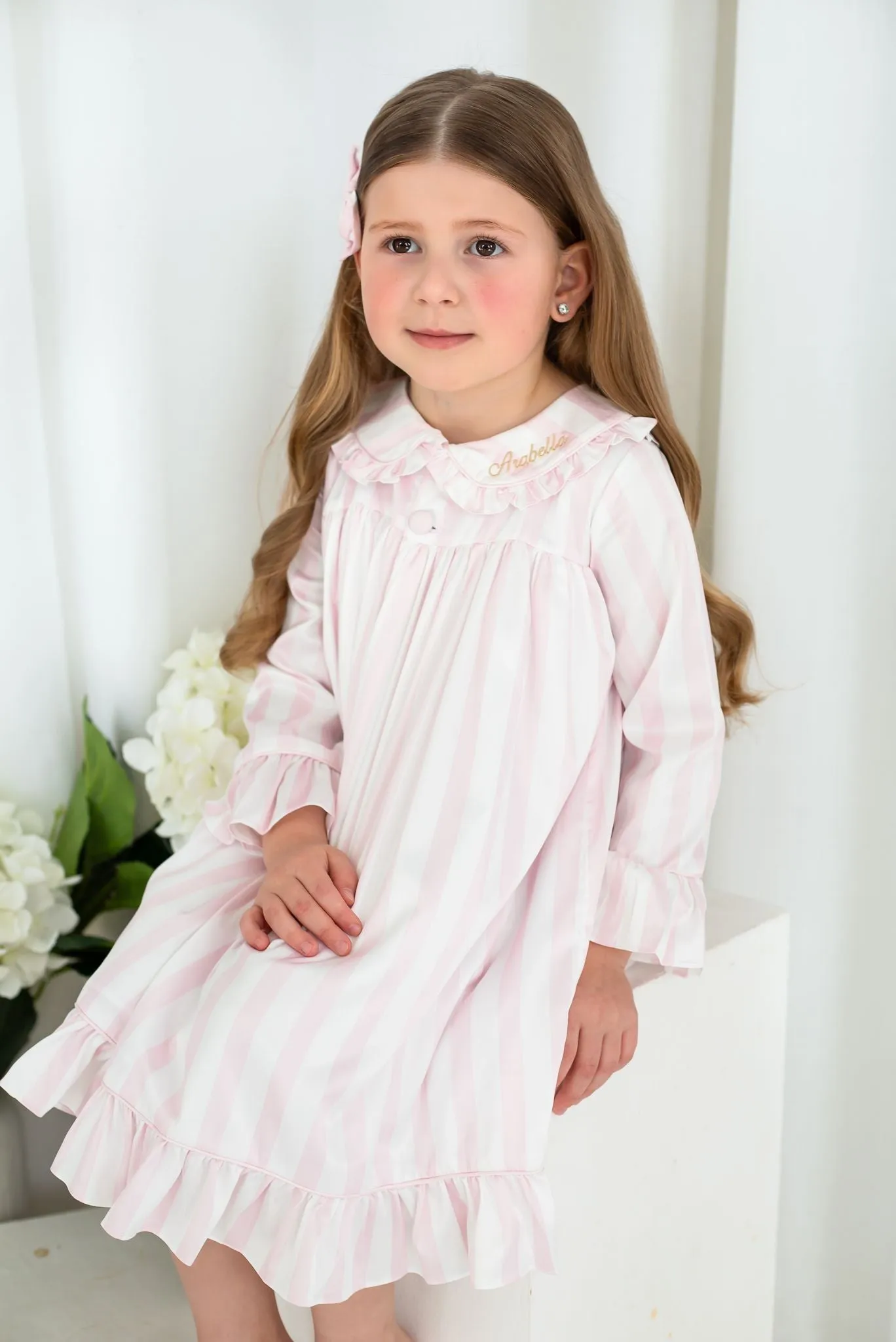 Girls Pink Stripe Pearl Long Sleeve Nightdress