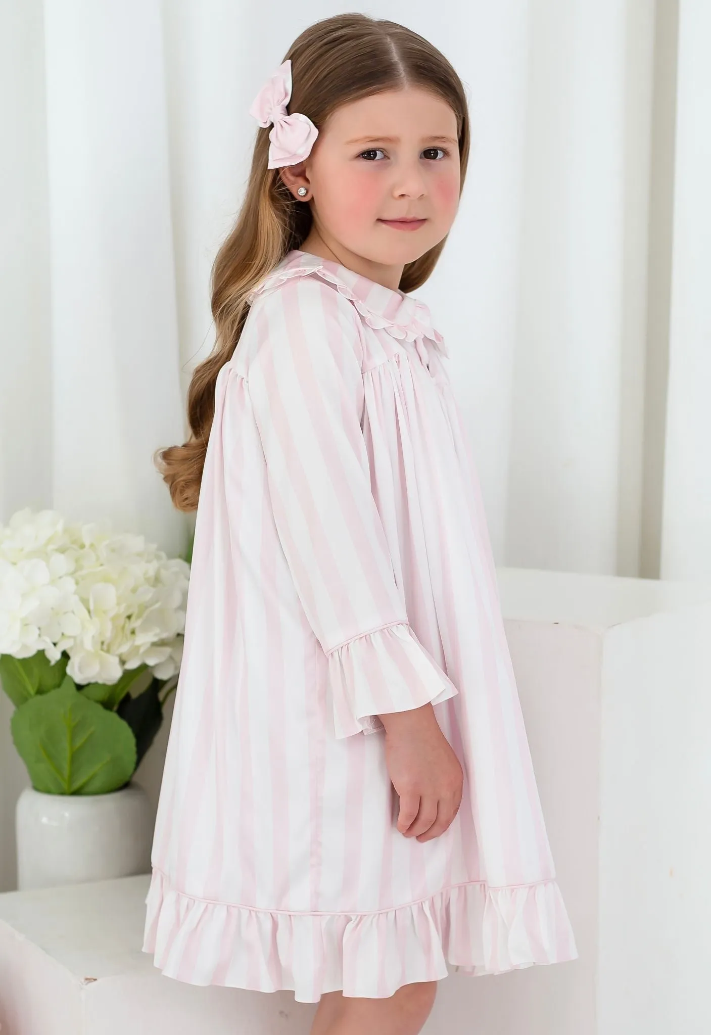 Girls Pink Stripe Pearl Long Sleeve Nightdress