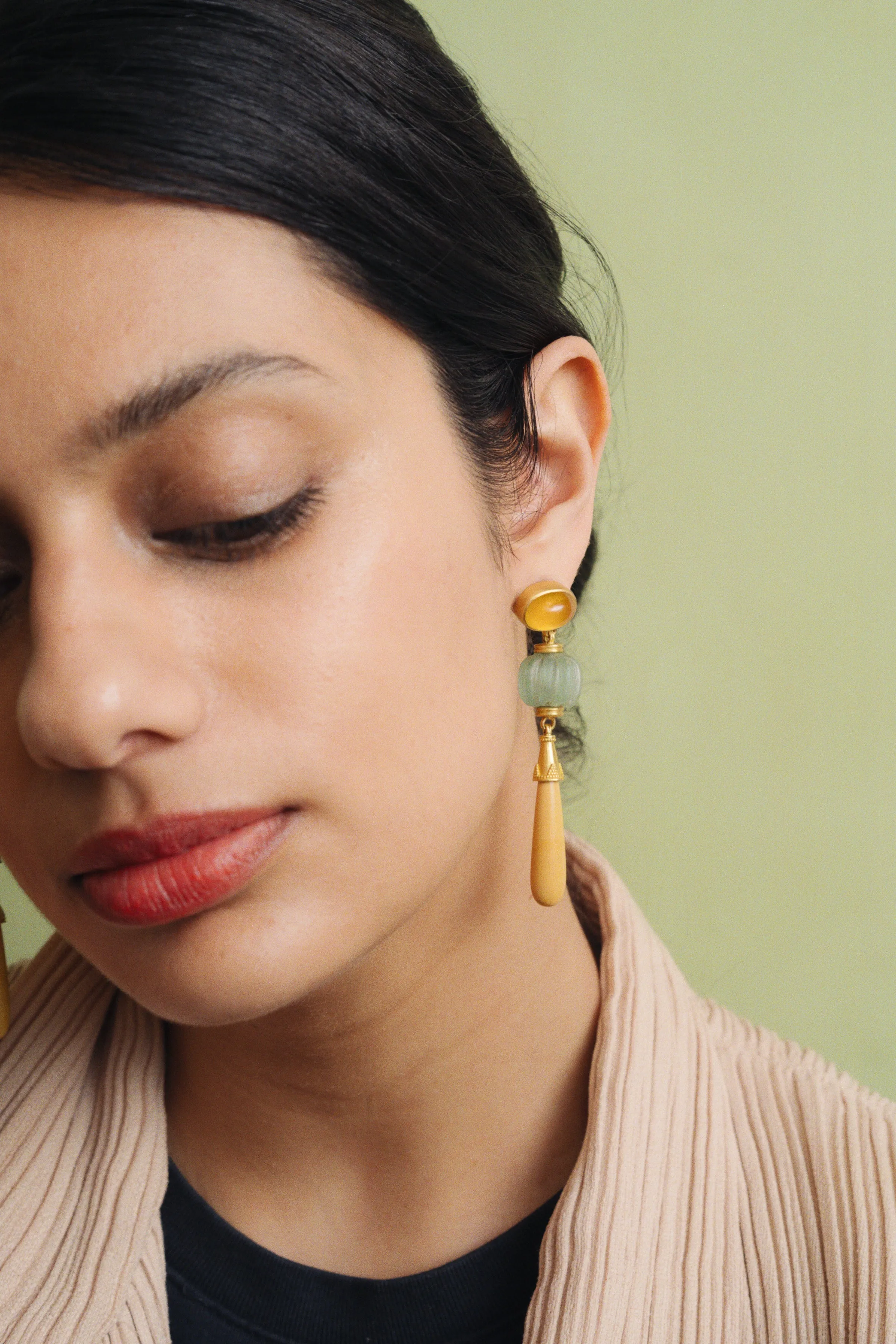 Golden Citrine, Roman Glass, and Jasper Amphora Earrings