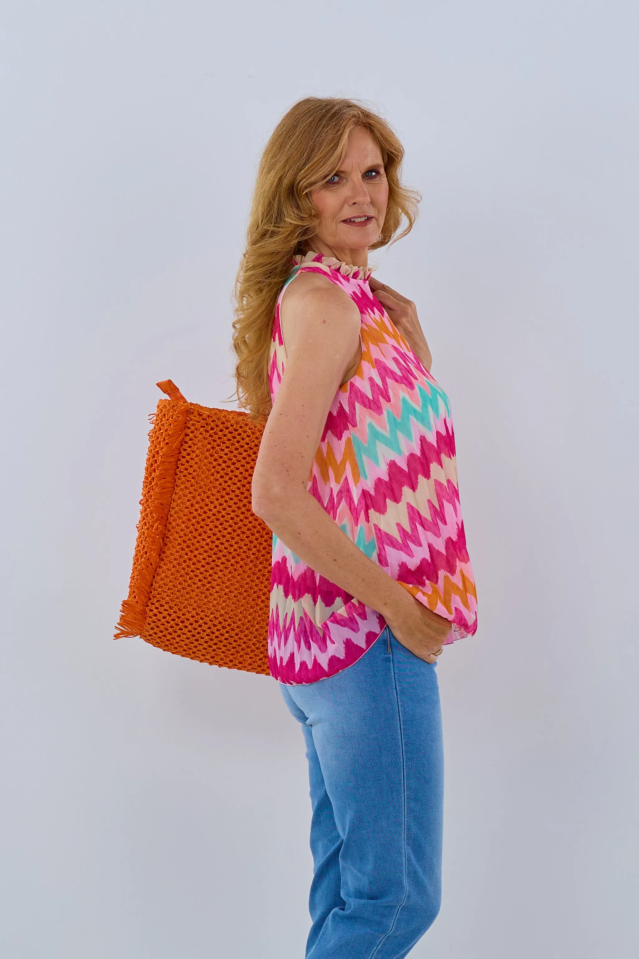 leicht plissiertes Neckholder Top, pink-orange