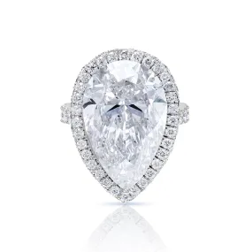 Lindsie 15 Carat F VVS2 Pear Shape Lab Grown Diamond Engagement Ring in Platinum. Halo. GIA Certified.