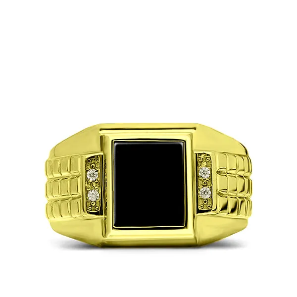 Mens 18K Yellow Gold Plated Silver Ring With Black Onyx and 4 Natural Diamonds