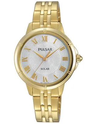 Pulsar Womens Dress Solar Watch - Gold-Tone - Mother of Pearl Dial - 30m