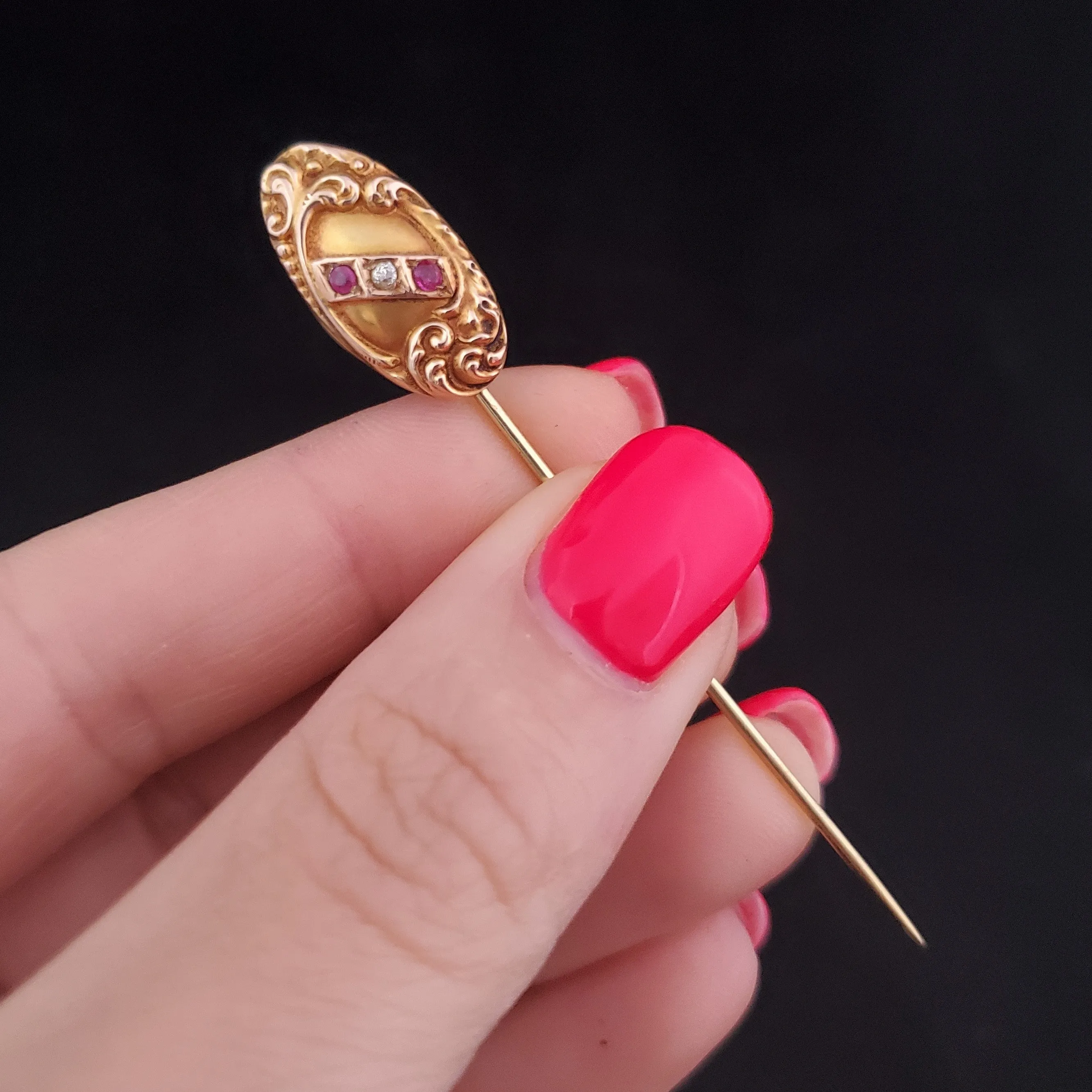 The Harpswell - Antique Diamond Ruby 14k Gold Repousse Stick Pin