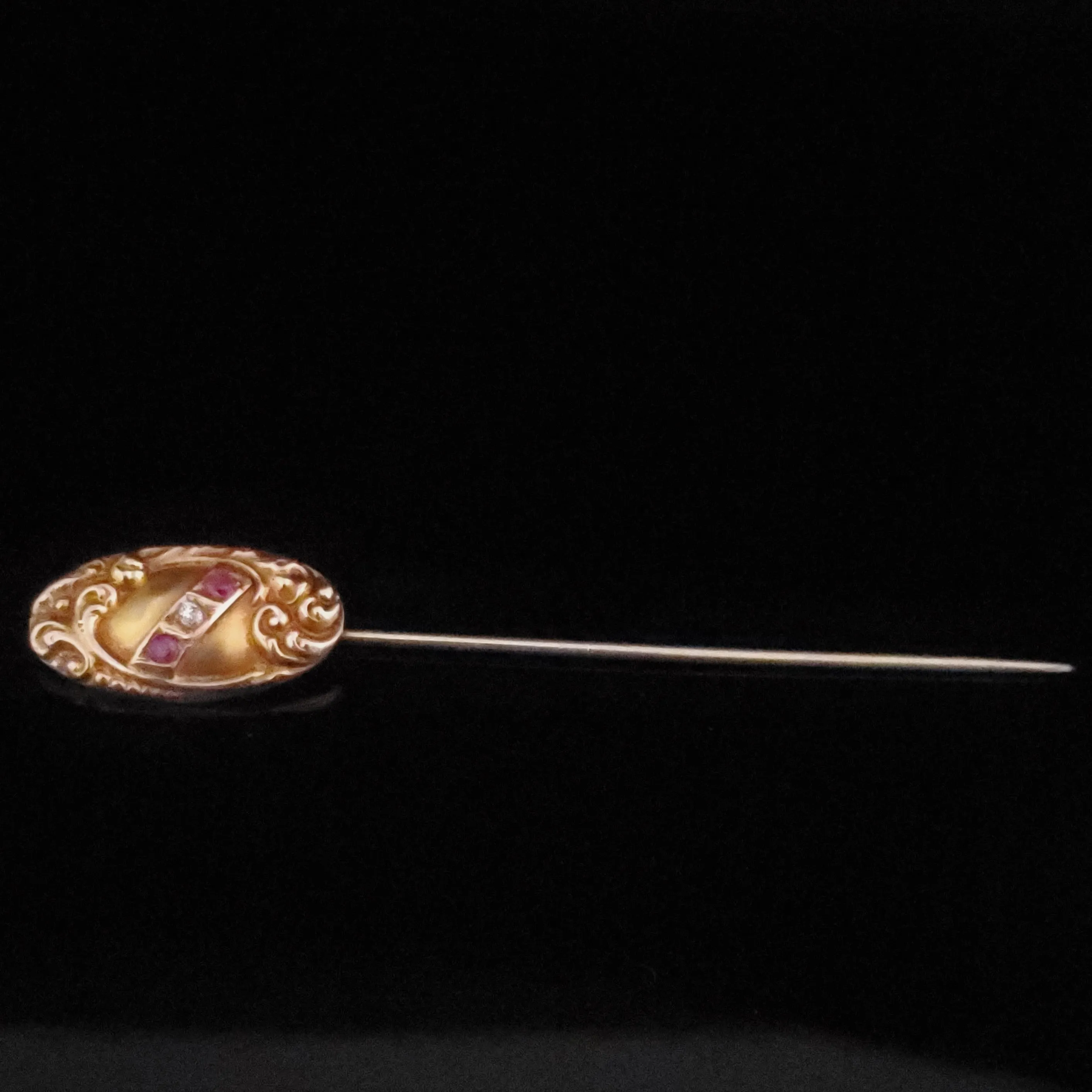 The Harpswell - Antique Diamond Ruby 14k Gold Repousse Stick Pin