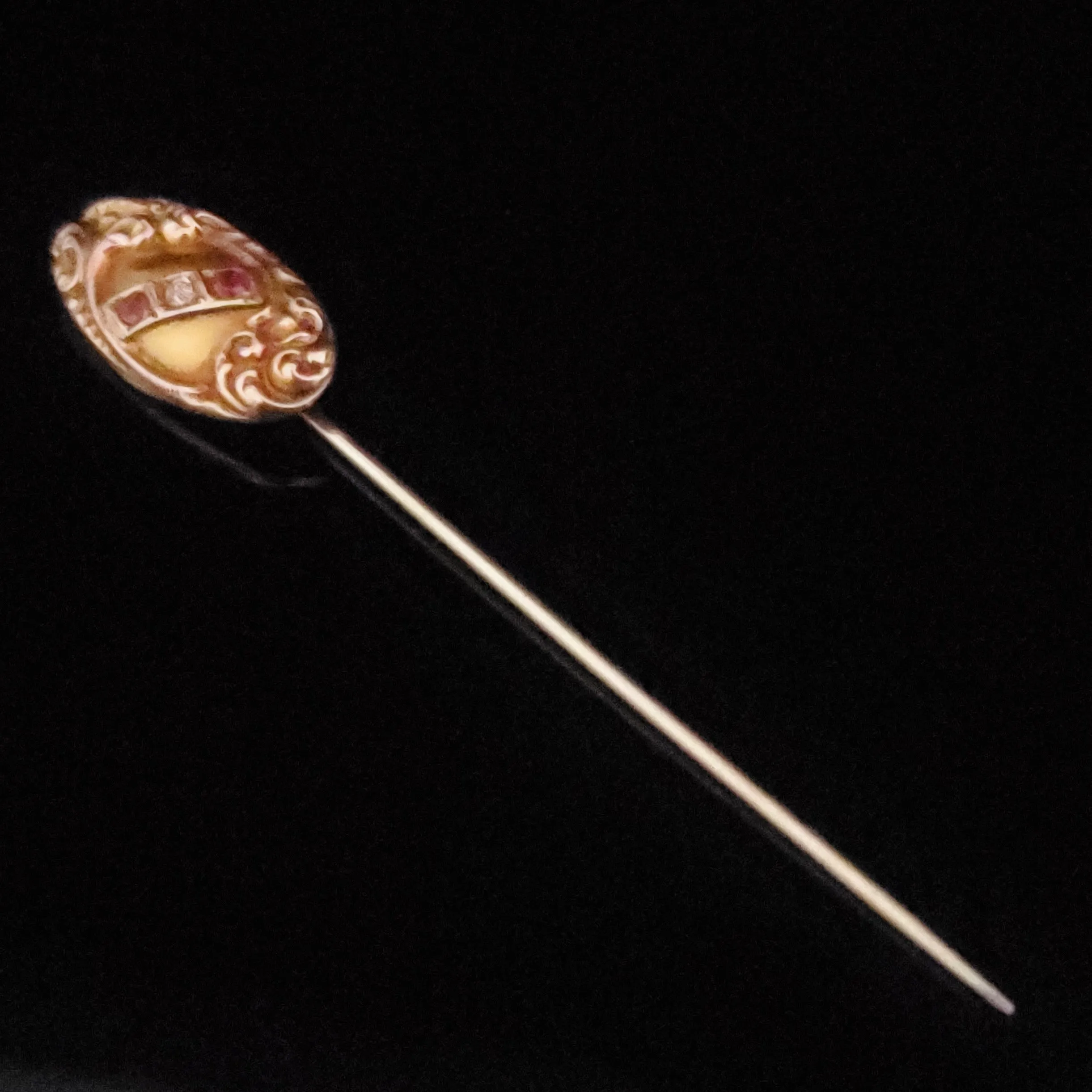 The Harpswell - Antique Diamond Ruby 14k Gold Repousse Stick Pin